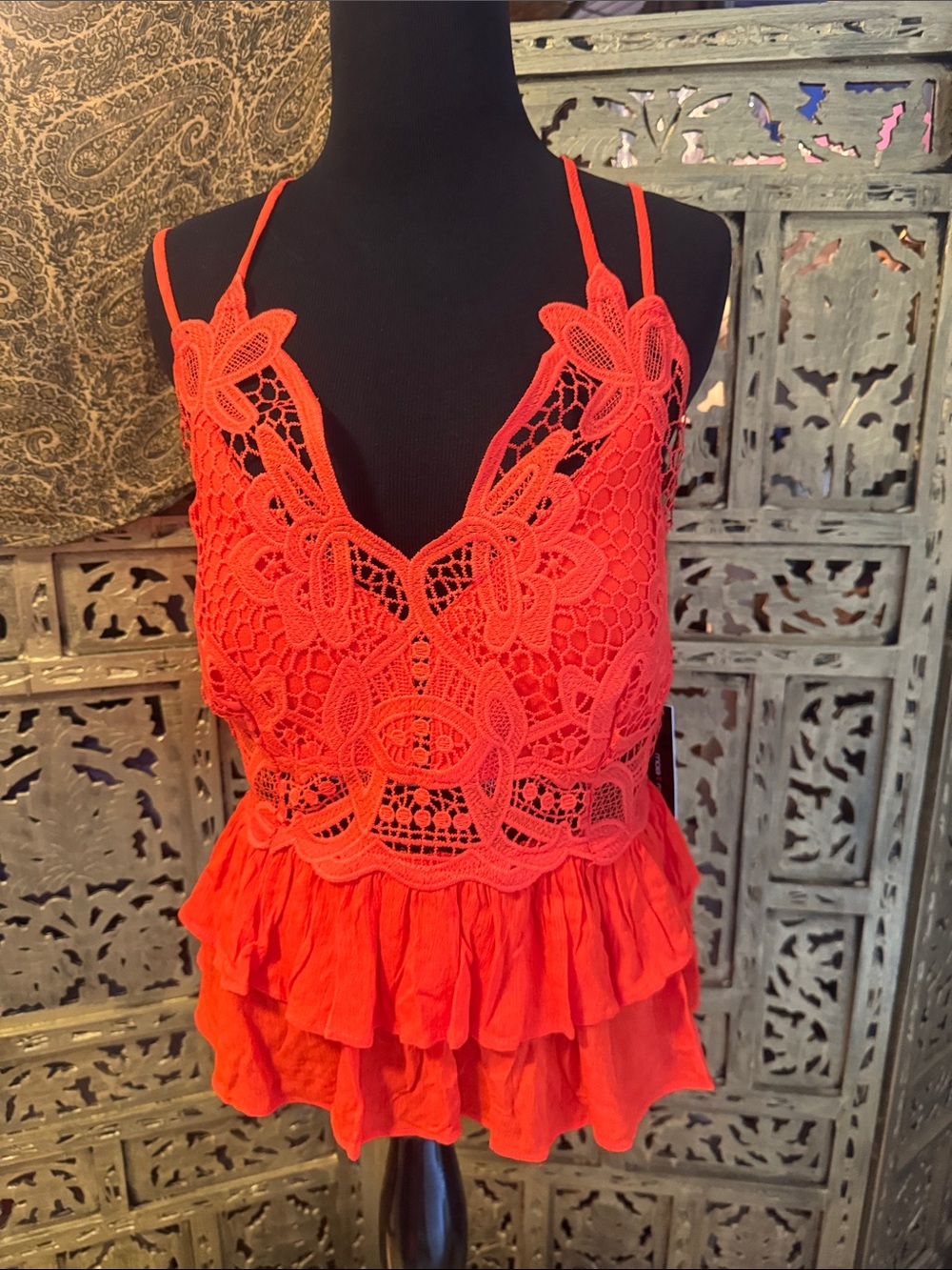 Free People Red Crochet Lace Ruffle Camisole build in bra